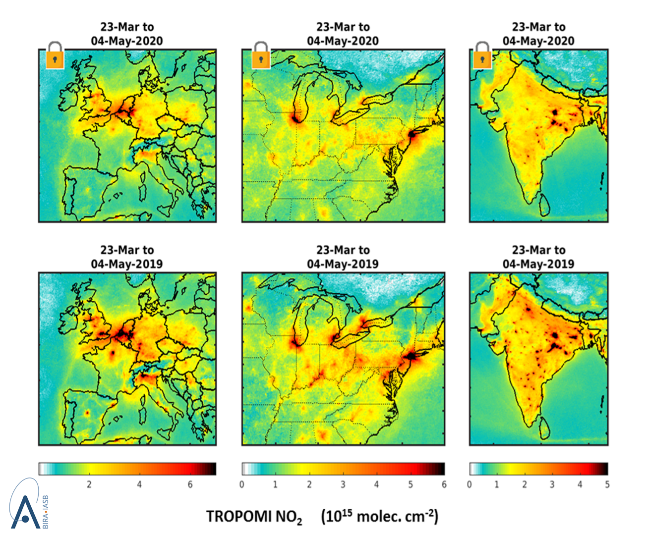 Friss műholdas mérési adatok a nitrogén-dioxid koncentrációjáról a 2019-es megfigyelésekkel összevetve Európáról, az USA keleti államairól és Indiáról. Az adatokat átlagolták az ábrán megadott időszakra vonatkozóan