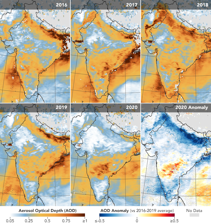 A térképeken az látható, hogy mennyire volt aeoroszollal szennyezett a levegő India fölött a korábbi években március 31. és április 5. között, továbbá az utolsó térképen az, hogy mekkora az eltérés a 2020-as időszakban a korábbi évek átlagához képest (vag