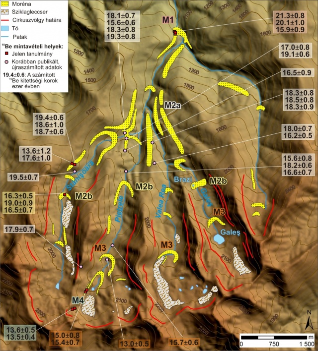 A Retyezát-hegységben vizsgált Pietrele–Stânişoara-völgyrendszer digitális domborzatmodellje és az eljegesedésekhez kapcsolódó felszínformák geomorfológiai vázlata a számított 10Be kitettségi korok feltüntetésével