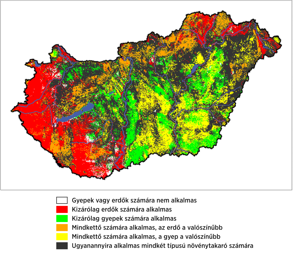 Egy példa a modellezés eredményeiből: a gyepek, illetve az erdők lehetséges elterjedési területe Magyarországon