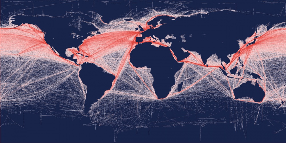 Térkép a hajózási útvonalakról, a tengeri áruszállítás relatív gyakoriságáról (skála: 1 km, 2010. márciusi adatok). A térképet a spatial-analyst.net szakértői készítették
