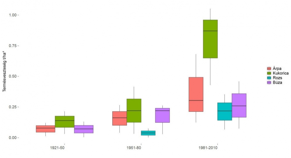Az árpa, a búza, a kukorica és a rozs csapadékösszegek és a hőmérsékleti átlagok kombinációjának betudható, becsült termésvesztesége 1921 és 2010 között Magyarországon. A boxplot vertikális kiterjedése a becsült veszteségnek a regressziós együtthatók konf