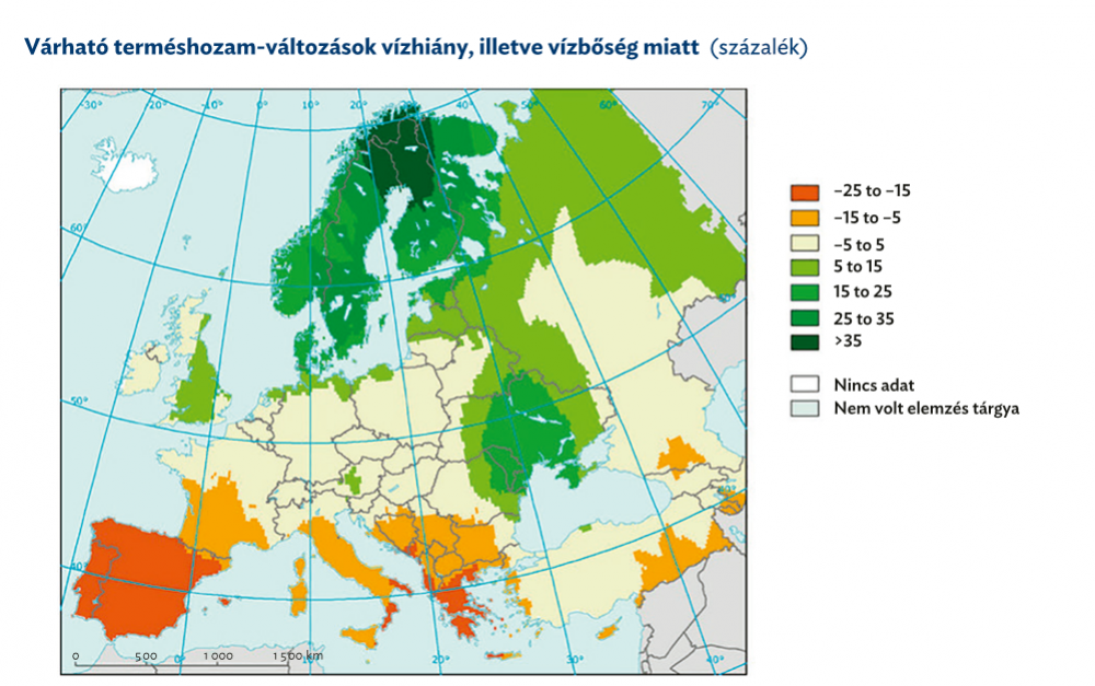 A klímaváltozás miatt Észak-Európa alkalmasabbá válik a gabonafélék termelésére, míg a Dél-Európa déli részén nagy területen csökken a terméshozam (ez részben kompenzálja, hogy a tenyészidő belenyúlik a télbe).\ A térkép a búza, a kukorica és a szójabab t