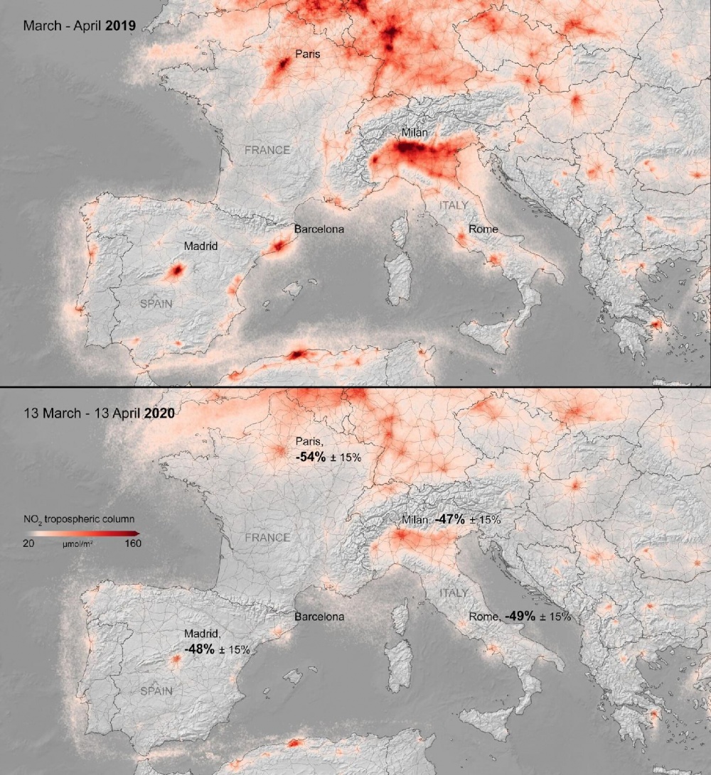 Nitrogén-dioxid-koncentrációk Európában március 13. és április 13. között