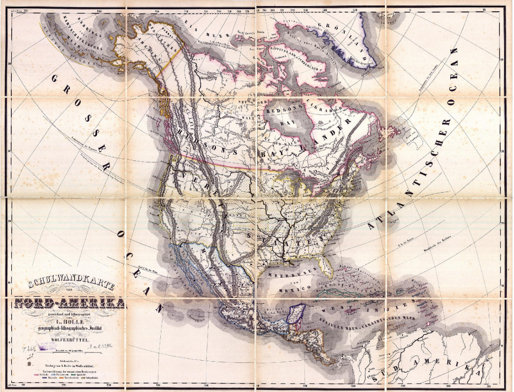 Schulwandkarte Nord-Amerika. Szerző: Holle. Wolfenbüttel.1850 körül.