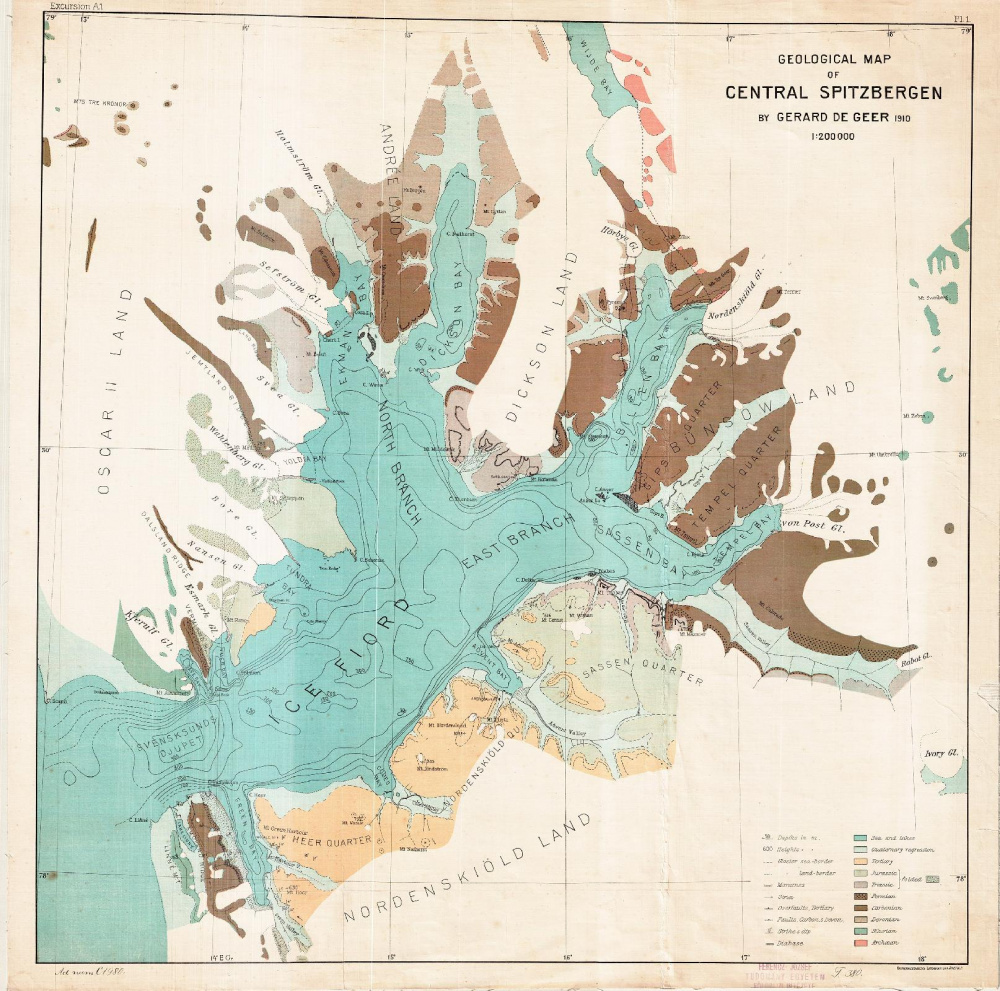 Geological Map of Central Spitzbergen. Szerző: Gerard De Geer. Kiadó: Generalstabens Litografiska Anstalt. 1910.