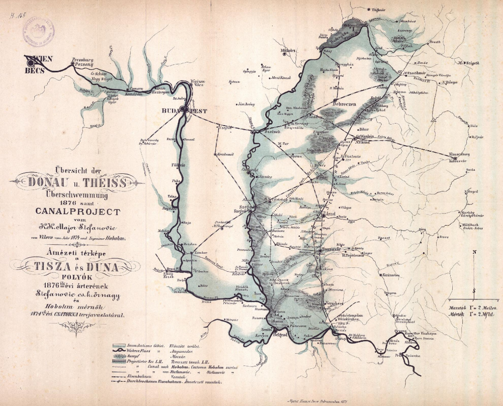 Átnézeti térképe a Tisza és Duna folyók 1876. évi árterének. Szerző: Hobohn Stefanovic. Kiadó: Kutasi Imre. Debrecen, 1877.