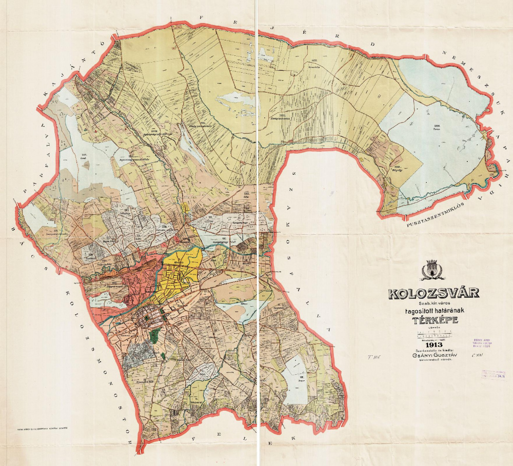 Kolozsvár szab. kir. város tagosított határának térképe. Szerző: Csányi Gusztáv. Kiadó: Klösz György és fia. Budapest, 1913.