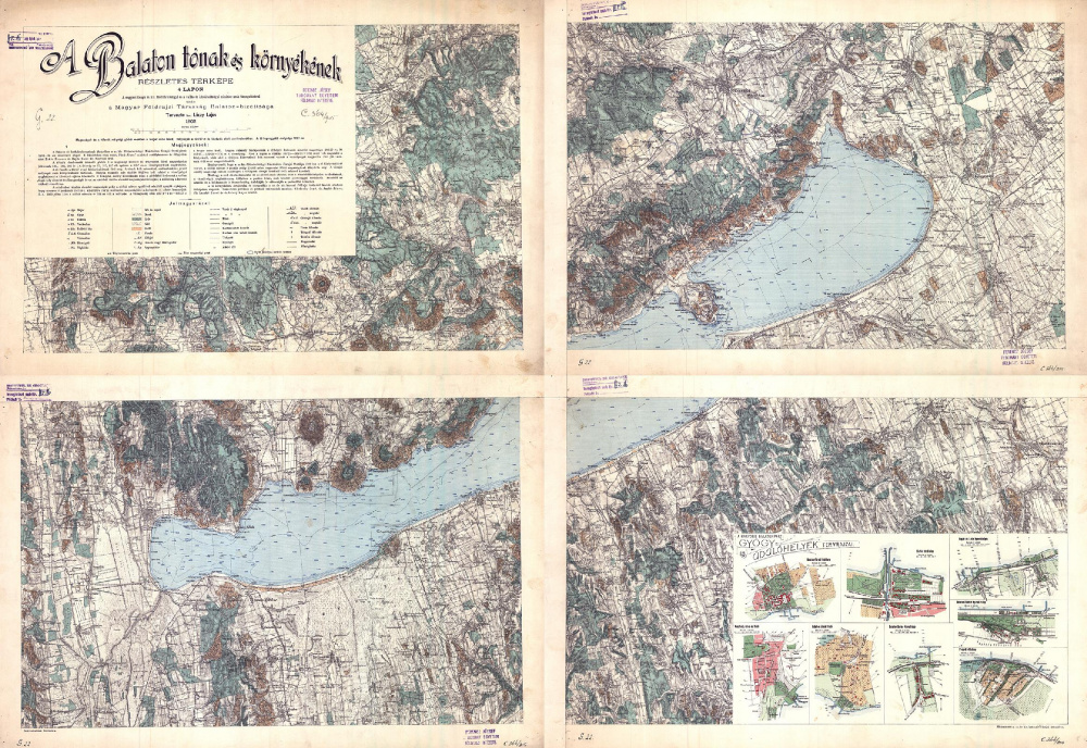 A Balaton tónak és környékének részletes térképe 4 lapon. Szerző: lóczi Lóczy Lajos. Kiadó: Magyar Földrajzi Társaság Balaton-bizottsága. 1902.