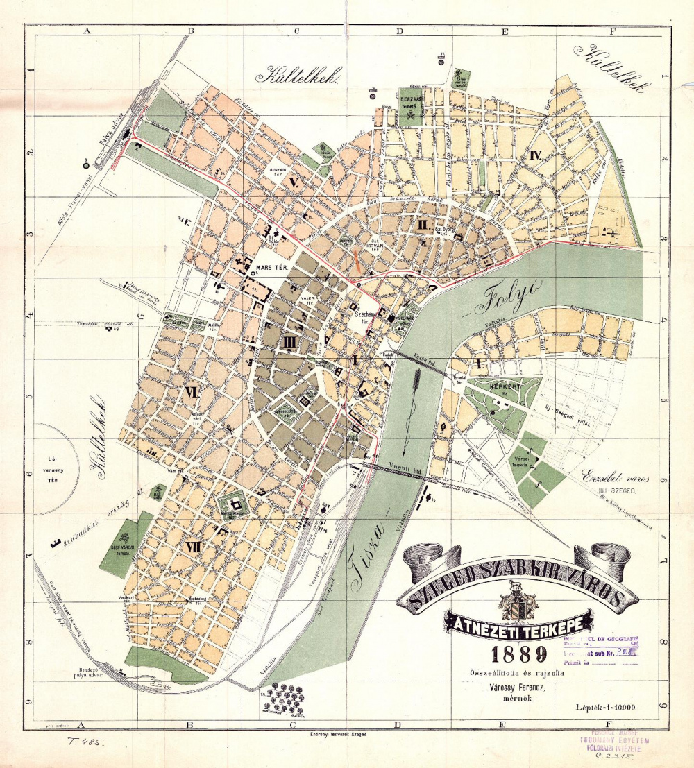 Szeged szab. kir. város átnézeti térképe. Szerző: Várossy Ferenc. Kiadó: Endrényi testvérek. Szeged, 1889.
