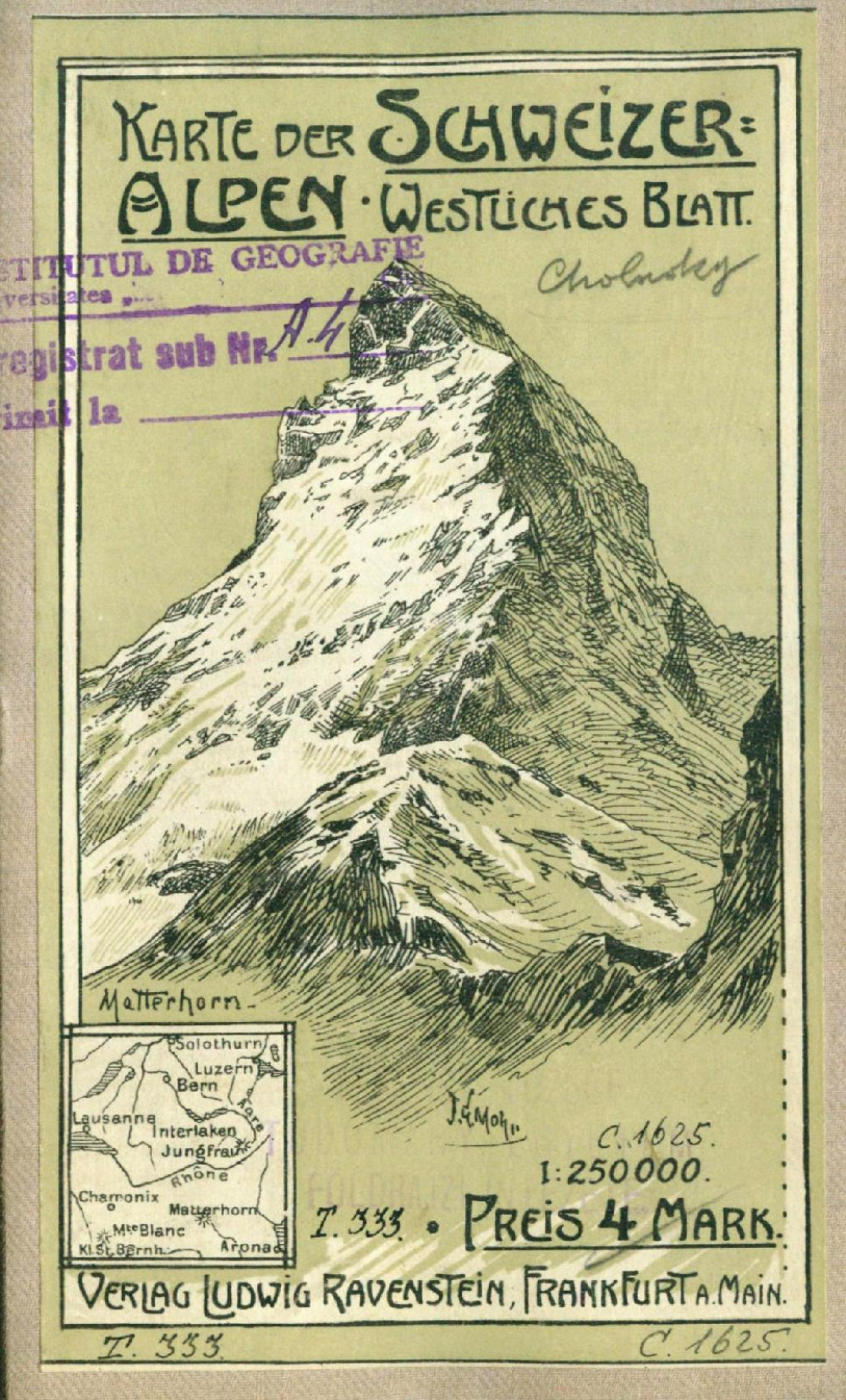 Karte der Schweizer Alpen - Cholnoky aláírásával. Kiadó: Ravenstein. Frankfurt, 1897.