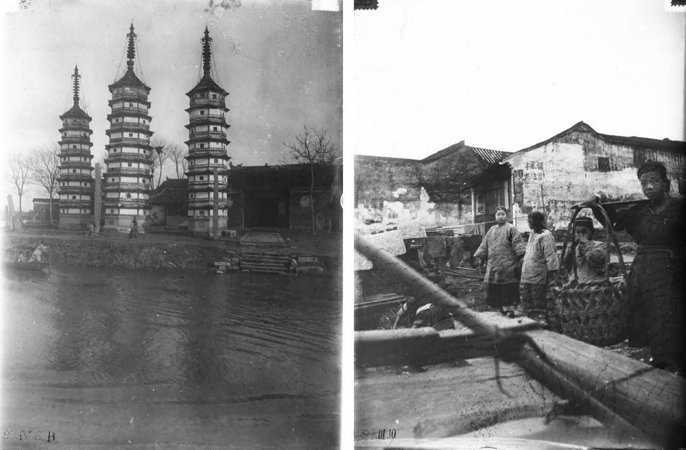 Hármas pagoda Kia-sing-fu előtt, Kína, 97.IV.6.B / Khínai leányok Hu-csou-fuban, Kína, 97.III.10