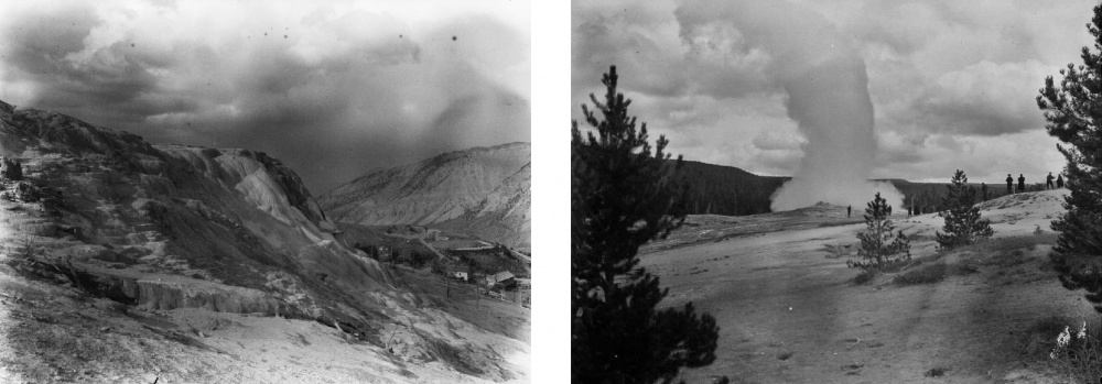 Yellowstone-park, Jupiter-terrasz, USA, 1912.IX.3. / Yellowstone-park, Old-Faithfull gejzír kitörése, USA, 1912.IX.5.