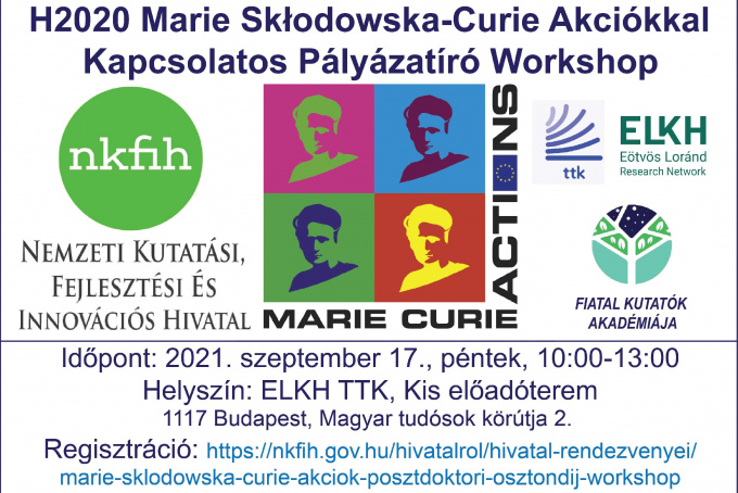 Pályázatíró workshop a Marie Skłodowska-Curie Actions posztdoktori programhoz a Fiatal Kutatók Akadémiája, az ELKH TTK és az NKFIH szervezésében